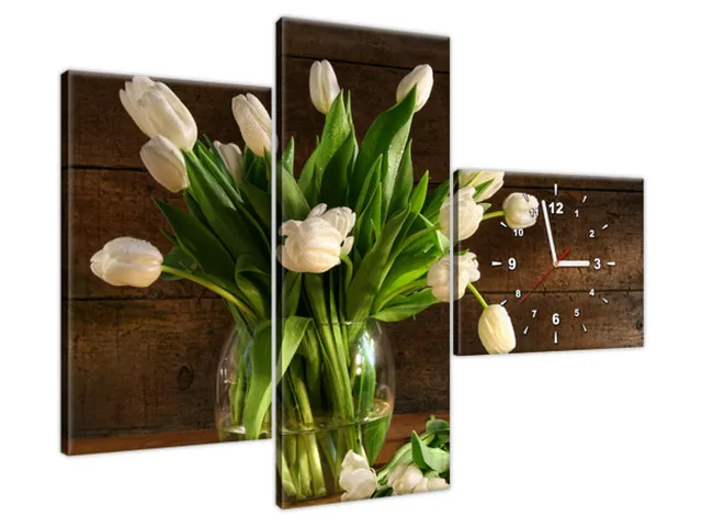 Moderný obraz s hodinami na stenu Krémové tulipány