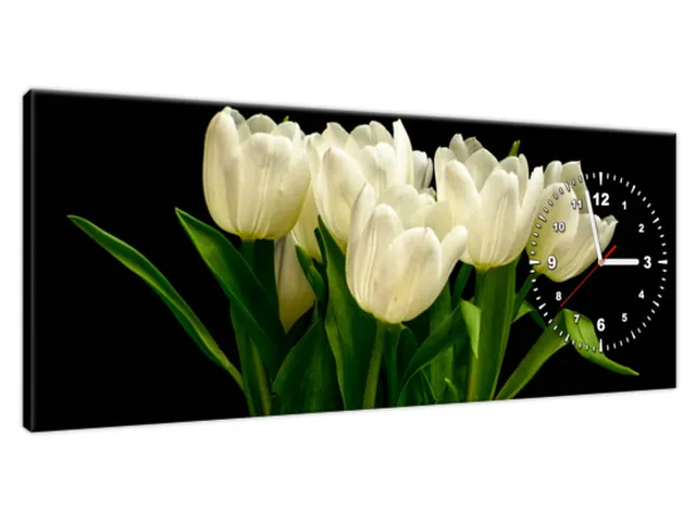 Obraz s hodinami Biele tulipány - Mark Freeth