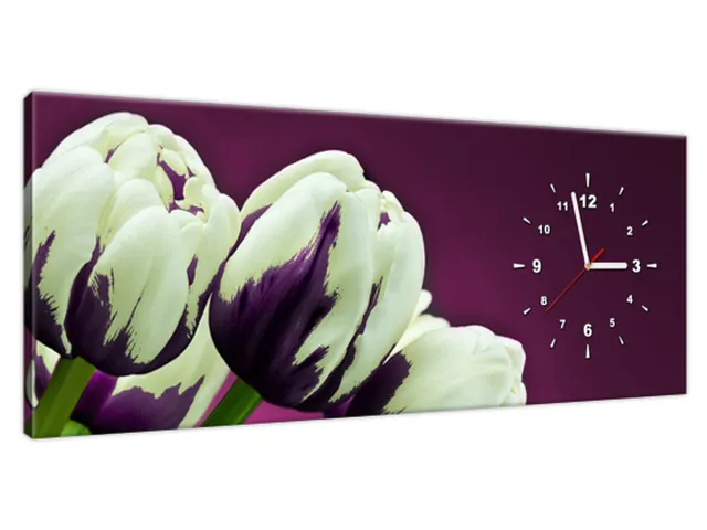 Štýlový obraz s hodinami Fialové tulipány