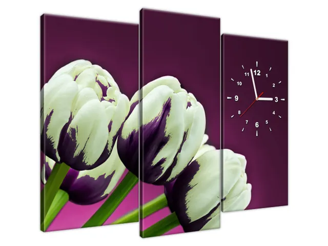 Štýlový obraz s hodinami Fialové tulipány