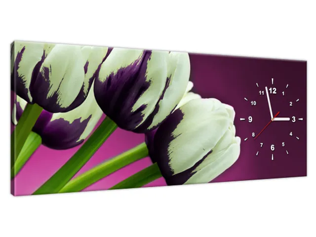 Štýlový obraz s hodinami Fialové tulipány