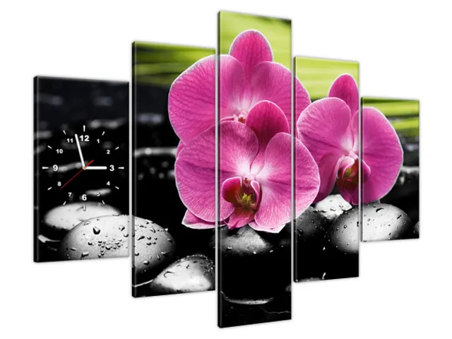 Luxusný obraz s hodinami Orchidey na kameňoch