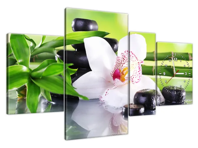 Obraz s hodinami Kamene SPA a orchidea