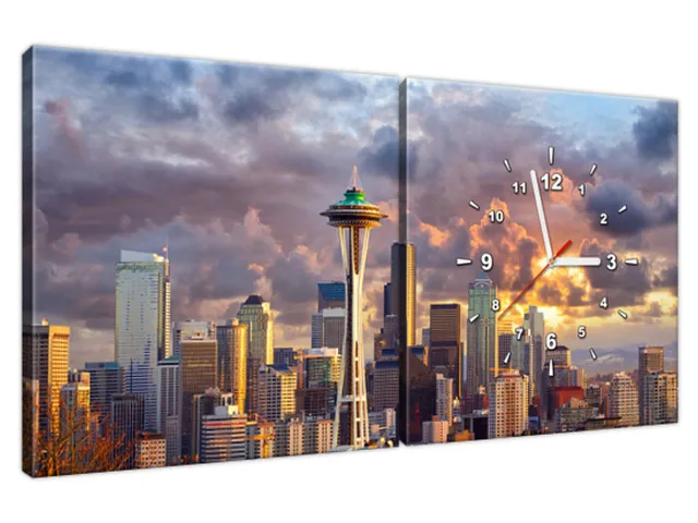 Obraz s hodinami Mesto Seattle pri západe slnka