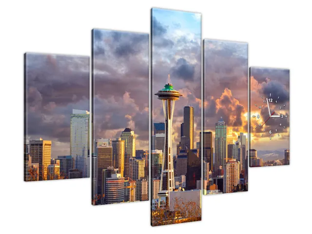Obraz s hodinami Mesto Seattle pri západe slnka