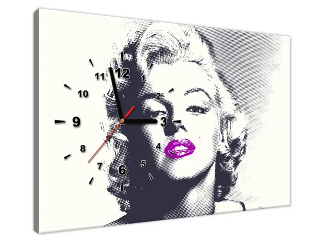 Obraz s hodinami Marilyn Monroe s fialovými perami