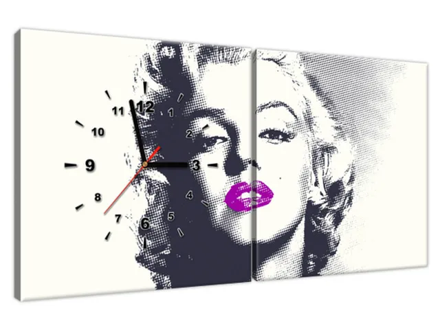 Obraz s hodinami Marilyn Monroe s fialovými perami