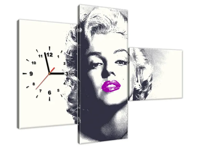 Obraz s hodinami Marilyn Monroe s fialovými perami