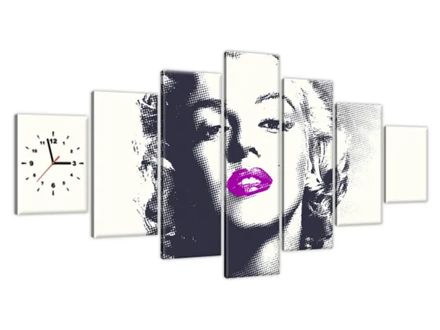 Obraz s hodinami Marilyn Monroe s fialovými perami