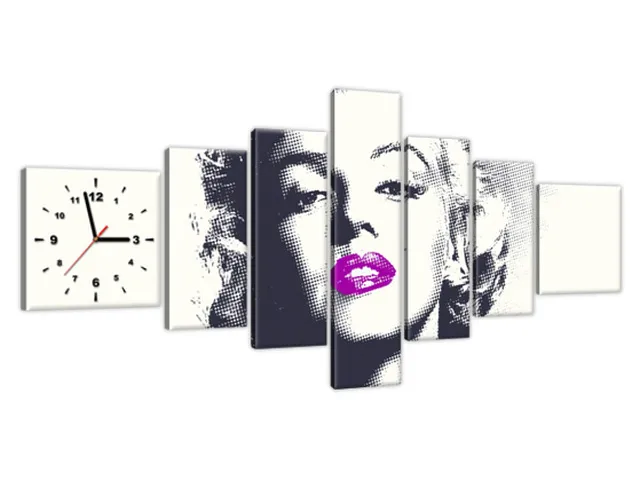 Obraz s hodinami Marilyn Monroe s fialovými perami